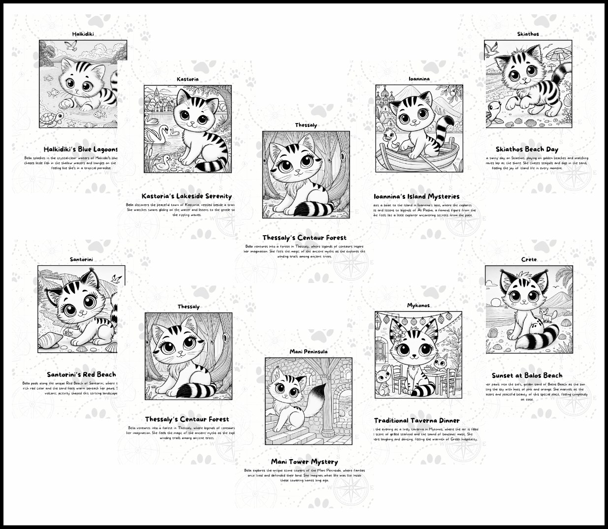 All 10 free coloring pages from Bella's Big Adventures: Discovering Greece, shown together