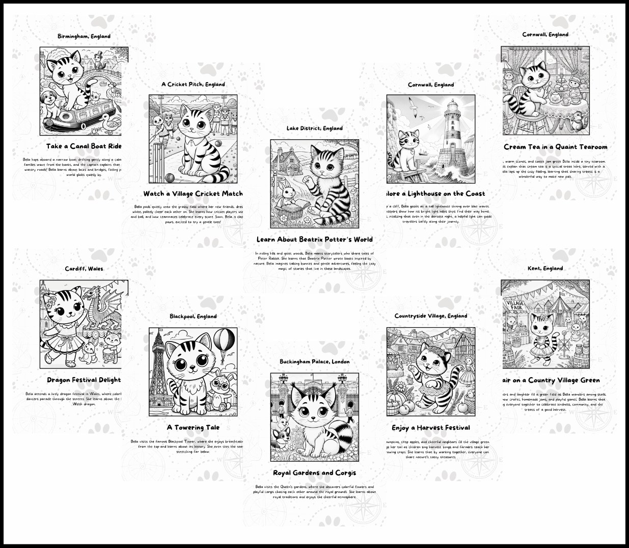 All 10 free coloring pages from Bella's Big Adventures: Bella Explores the United Kingdom, shown together