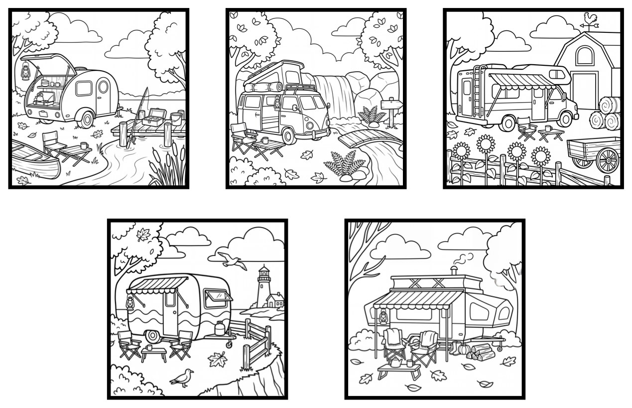 All 5 free coloring pages from Cozy Campers: An Autumn Road Trip, shown together