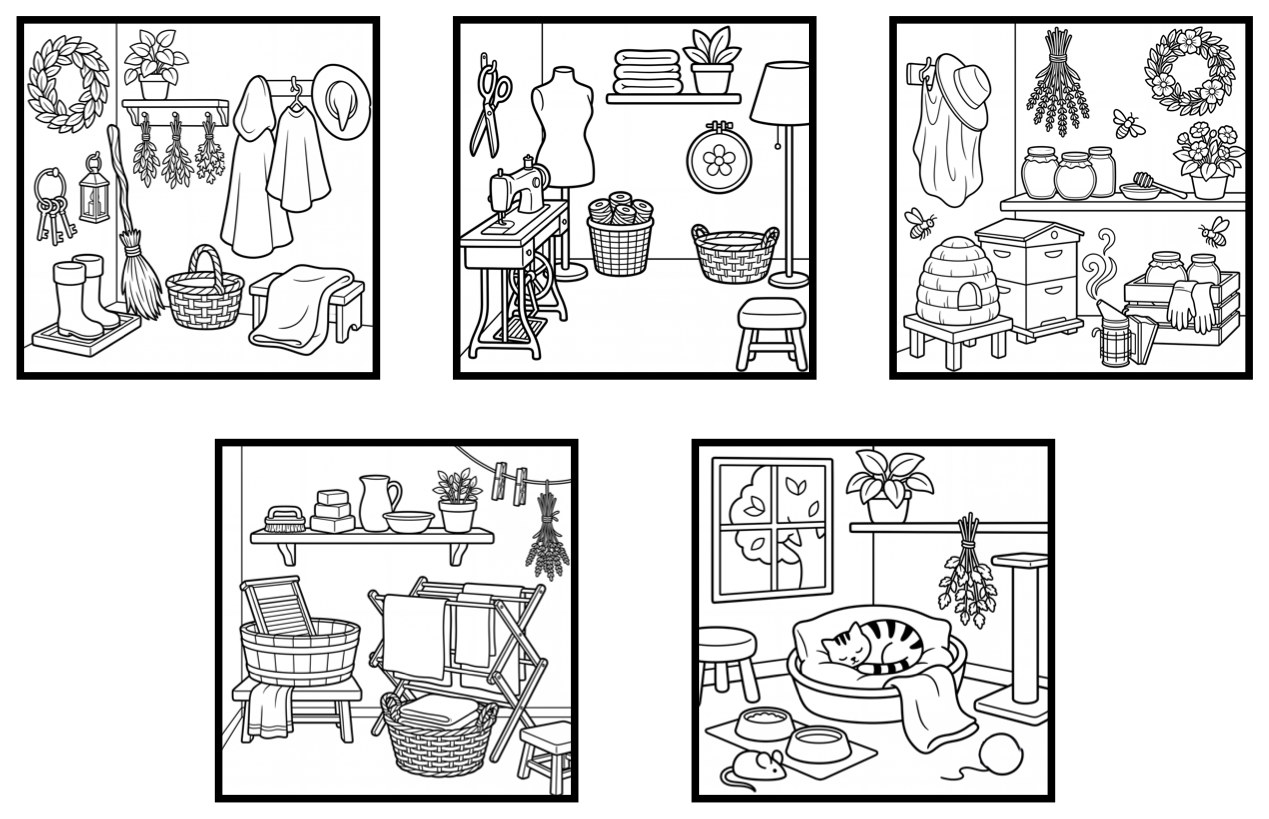 All 5 free coloring pages from Cozy Witchy Corners, shown together