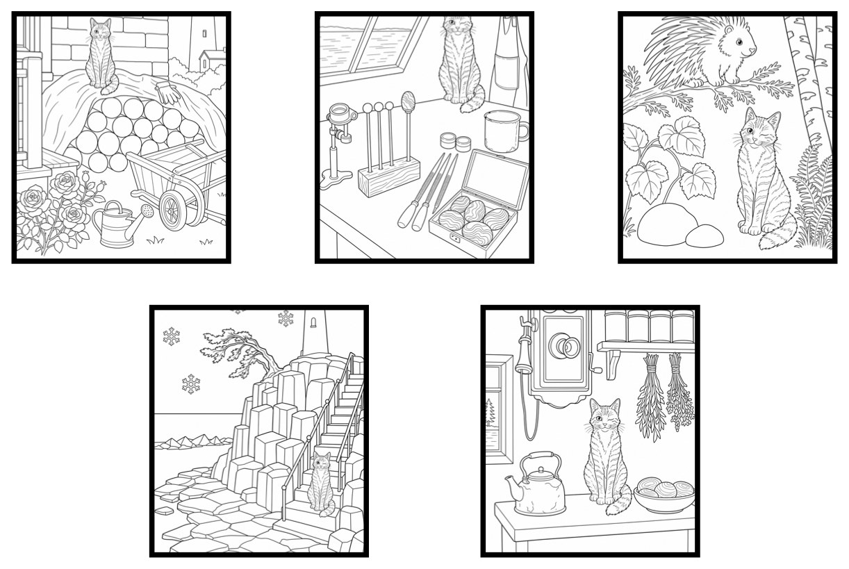 All 5 free coloring pages from Greenstone Light Coloring Book, shown together