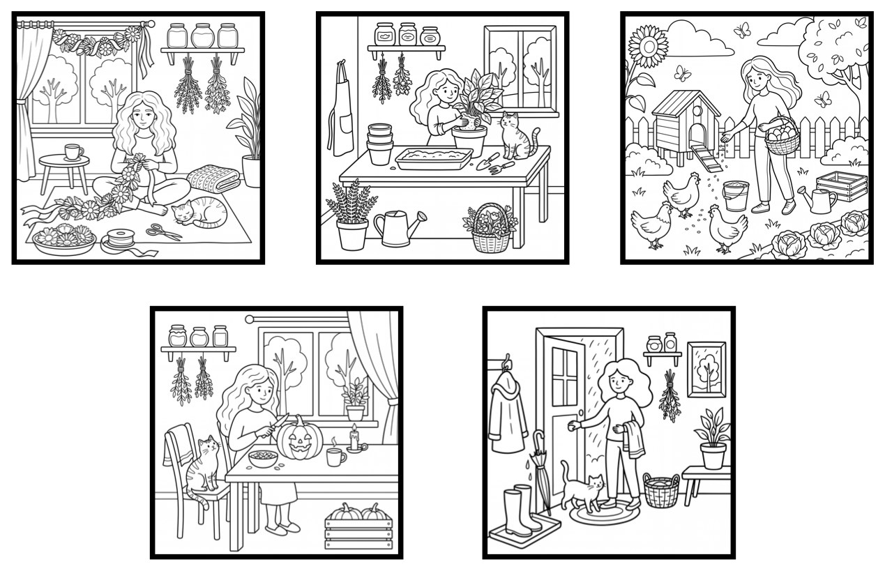 All 5 free coloring pages from A Witchy Girl's Cozy Moments, shown together